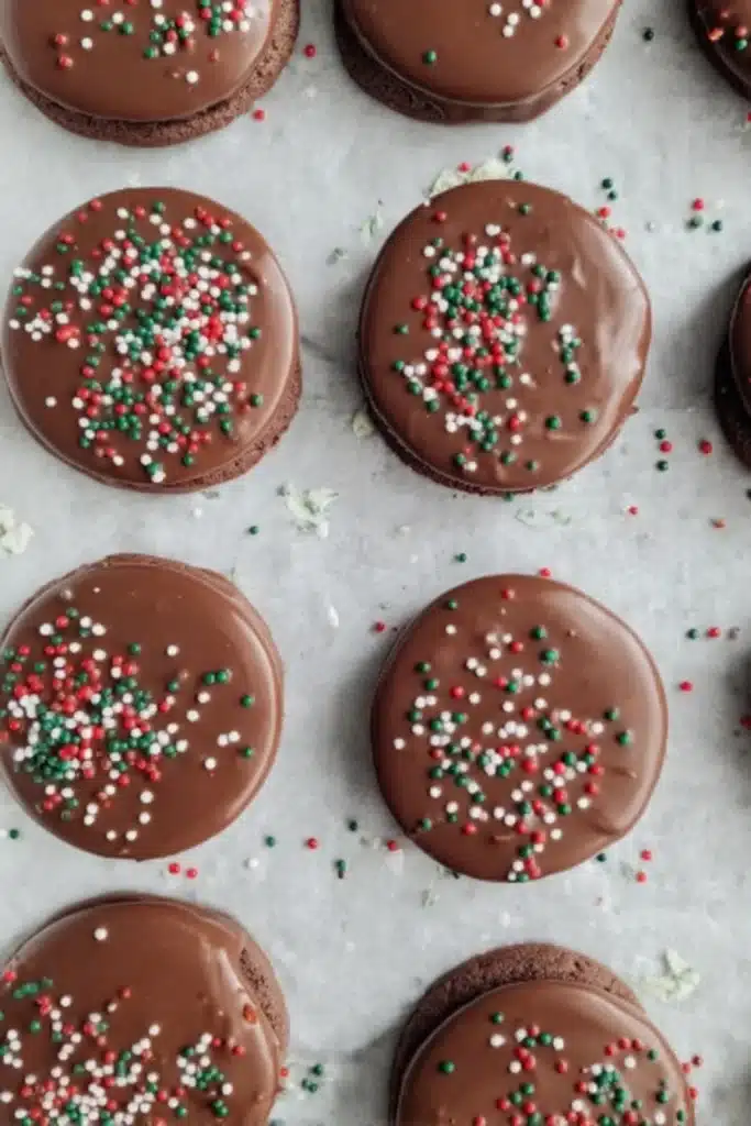 Andes Mint Ritz Cookies (No-Bake Christmas Treat) 3 Andes Mint Ritz Cookies with sprinkles setting on parchment paper