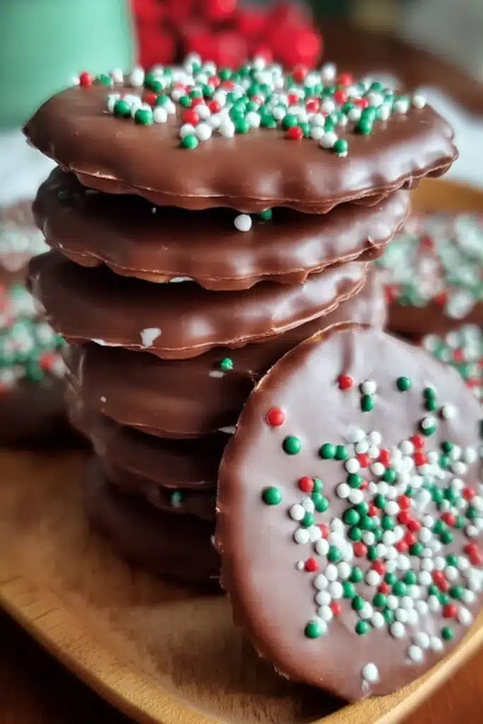 Andes Mint Ritz Cookies (No-Bake Christmas Treat) 1 Stack of Andes Mint Ritz Cookies coated in chocolate with red, white, and green sprinkles