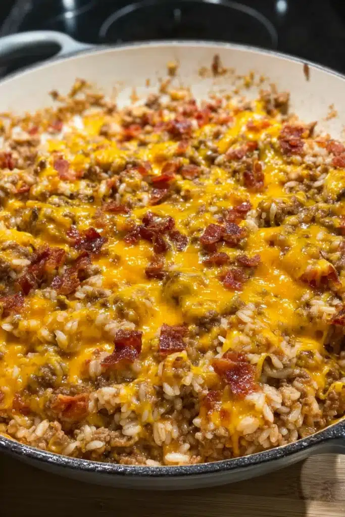 Cheesy bacon cheeseburger rice skillet topped with melted cheddar and bacon bits