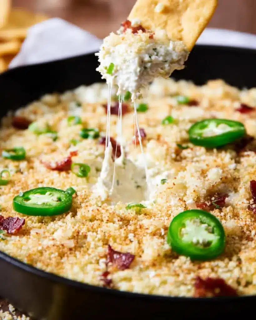 Bacon Jalapeno Popper Dip 1 Creamy bacon jalapeño popper dip with golden breadcrumb topping and melted cheese pull