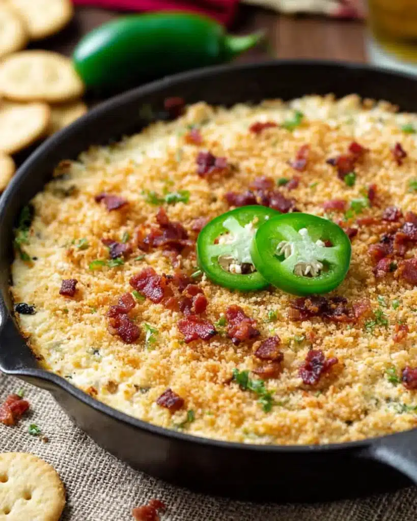 Bacon Jalapeno Popper Dip 3 Golden baked Bacon Jalapeño Popper Dip topped with bacon and jalapeño slices