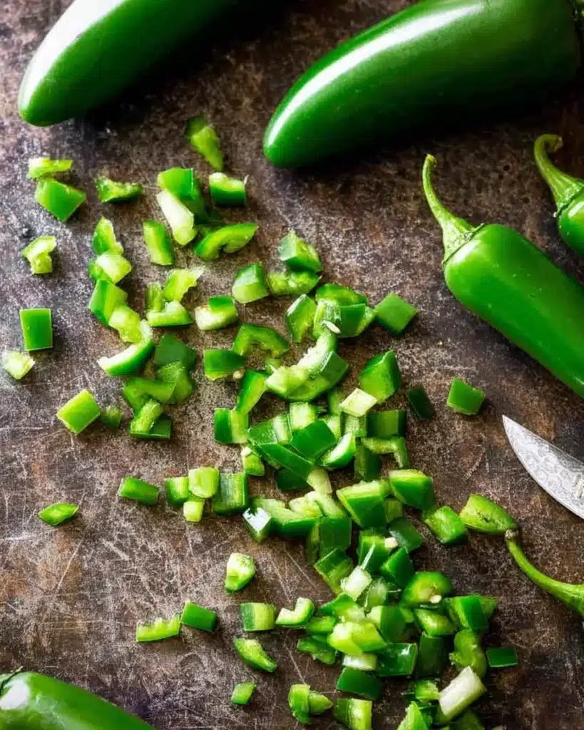 Bacon Jalapeno Popper Dip 2 Fresh chopped jalapeños on rustic surface for Bacon Jalapeno Popper Dip