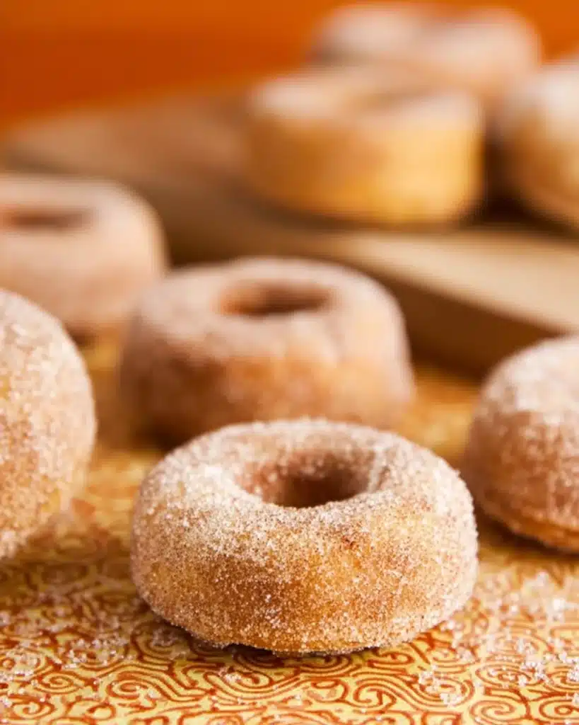Baked Pumpkin Donuts 3 Baked pumpkin donuts coated in cinnamon sugar on orange patterned surface