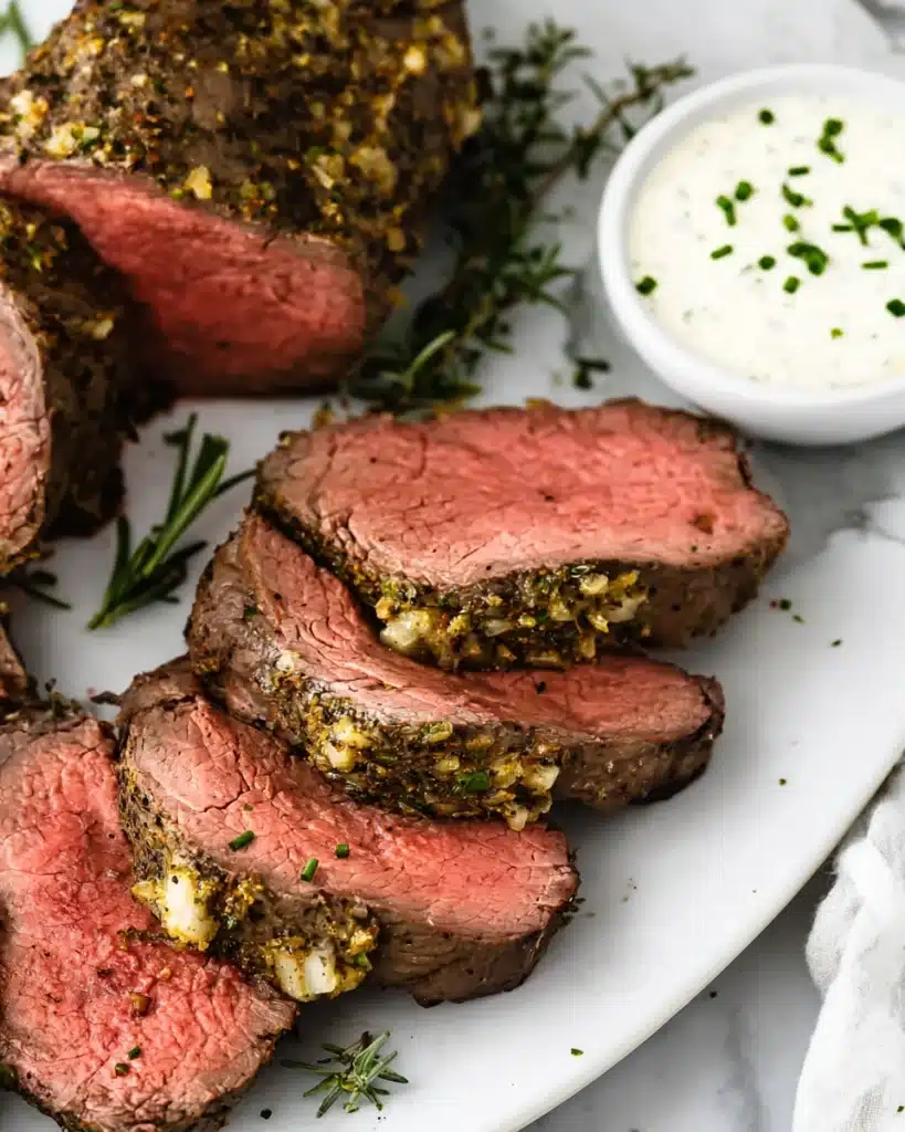 Sliced beef tenderloin roast with garlic herb crust and horseradish sauce