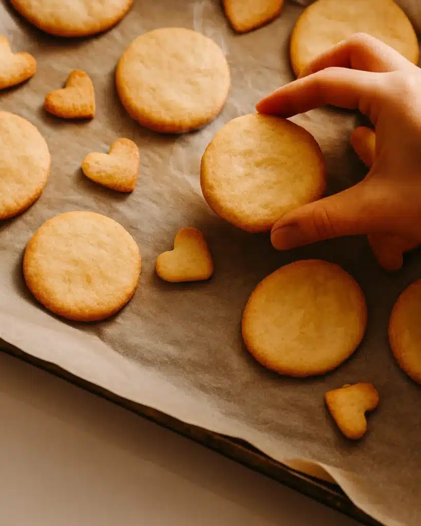 Freshly baked round and heart shortbread cookies on baking tray