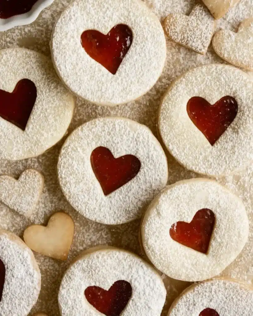 Heart jam cookies dusted with powdered sugar on parchment paper