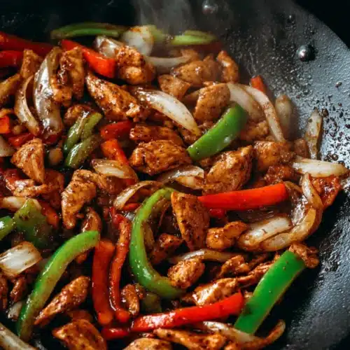 Black pepper chicken stir-fry with bell peppers and onions in glossy sauce