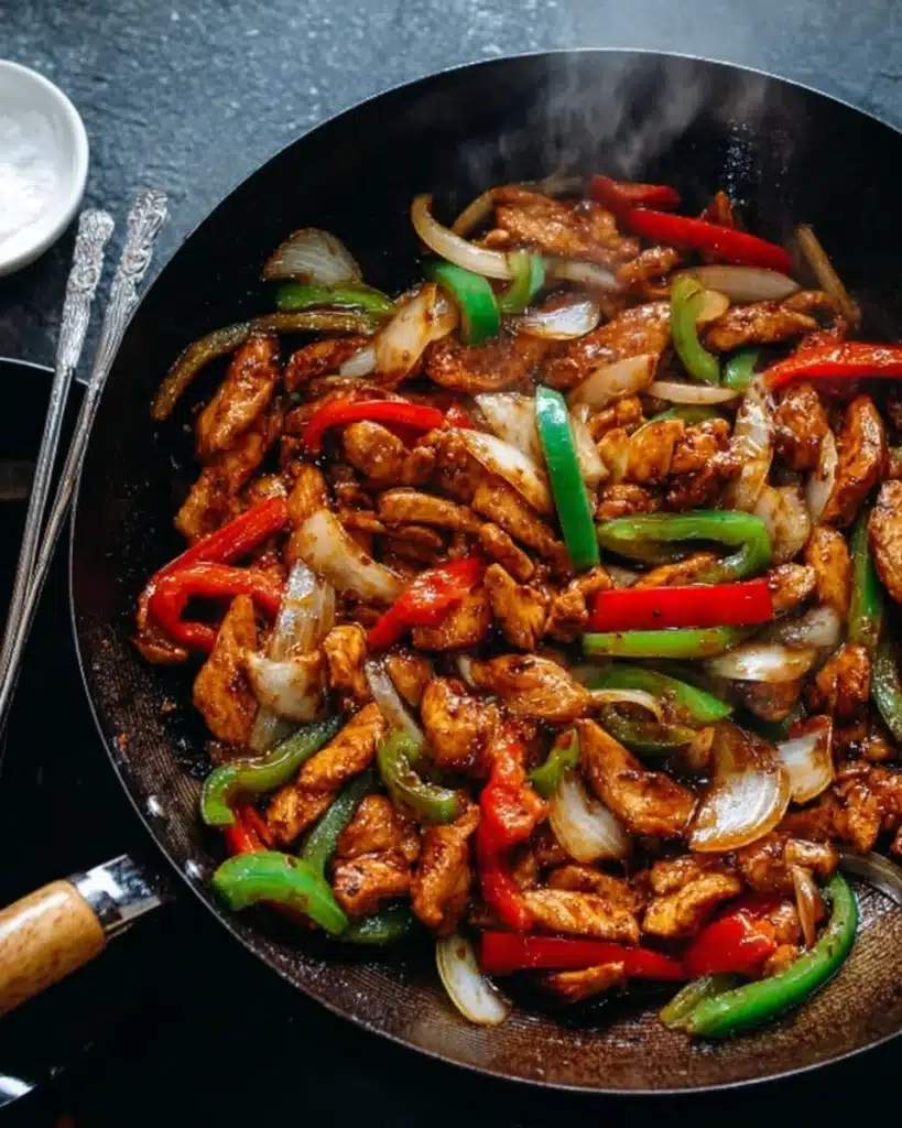 Black pepper chicken stir-fry in wok with bell peppers and onions