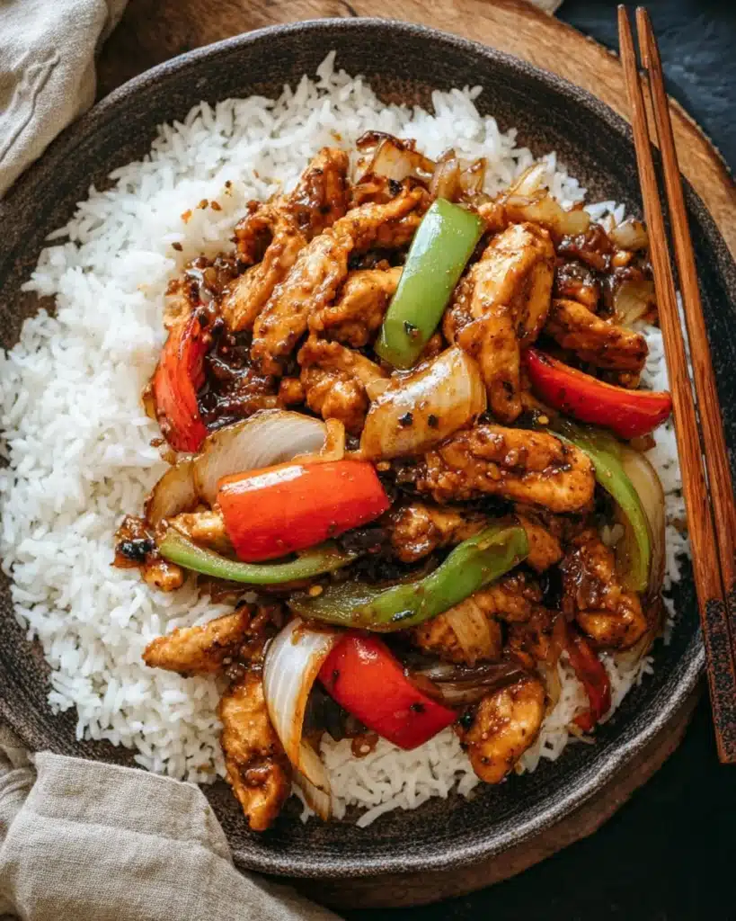 Black pepper chicken served over rice with bell peppers and onions