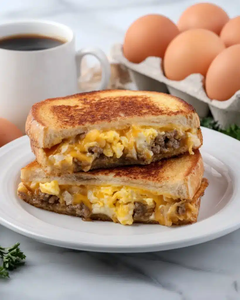 Breakfast Grilled Cheese 4 Golden breakfast grilled cheese sandwich with eggs, sausage, and melted cheese