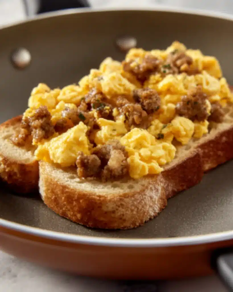 Breakfast Grilled Cheese 3 Sourdough bread with scrambled eggs and sausage in skillet