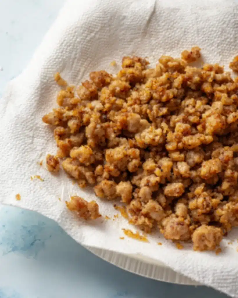 Breakfast Grilled Cheese 2 Cooked breakfast sausage crumbles on paper towel