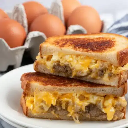 Breakfast Grilled Cheese 5 Breakfast grilled cheese sandwich with eggs, sausage, and melted cheese on toasted sourdough