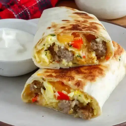 The Best Breakfast Burritos (Hearty, Cheesy & Freezer-Friendly!) 6 Breakfast Burritos cut in half with sausage, eggs, and cheese on a white plate