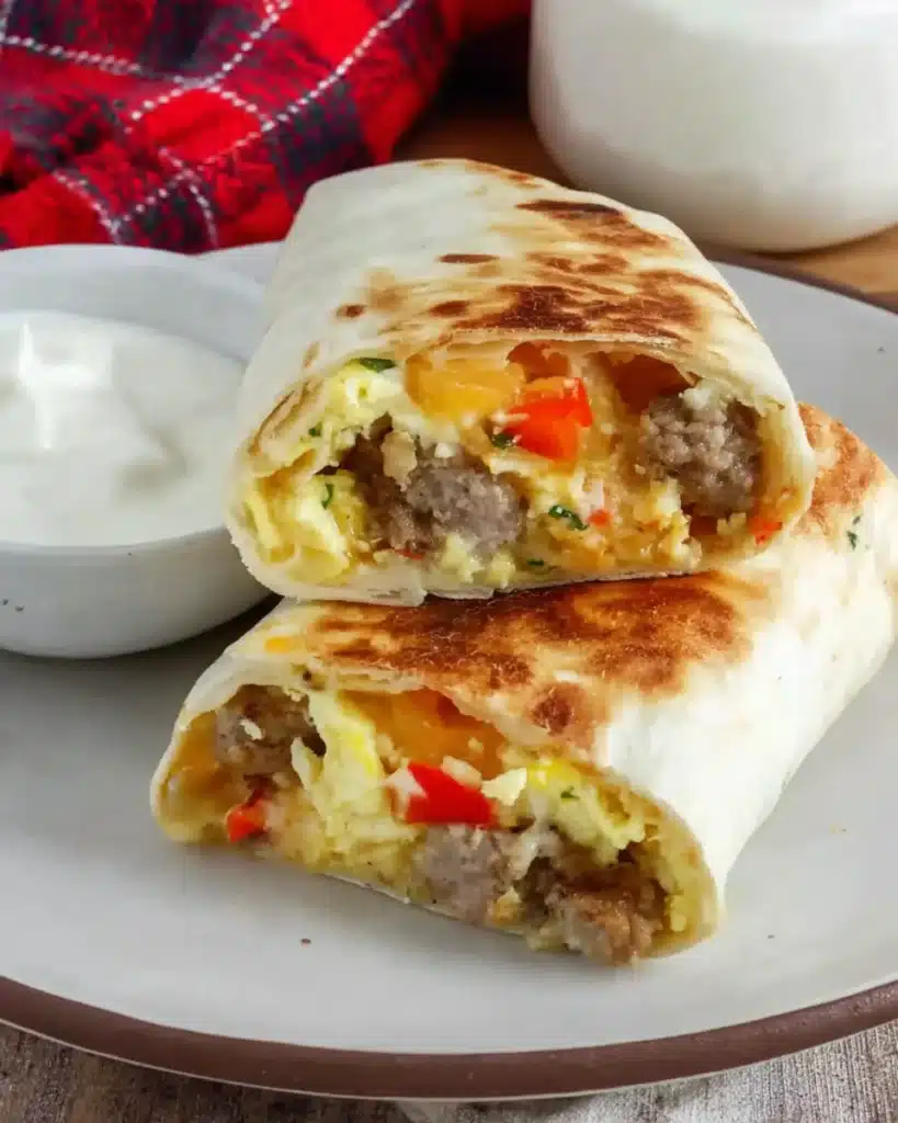 The Best Breakfast Burritos (Hearty, Cheesy & Freezer-Friendly!) 1 Breakfast burritos cut in half with sausage, eggs, and cheese on a white plate
