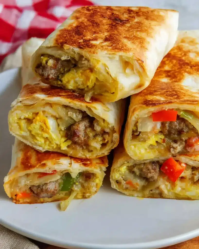 The Best Breakfast Burritos (Hearty, Cheesy & Freezer-Friendly!) 5 Toasted breakfast burritos with eggs, sausage, and cheese stacked on a plate