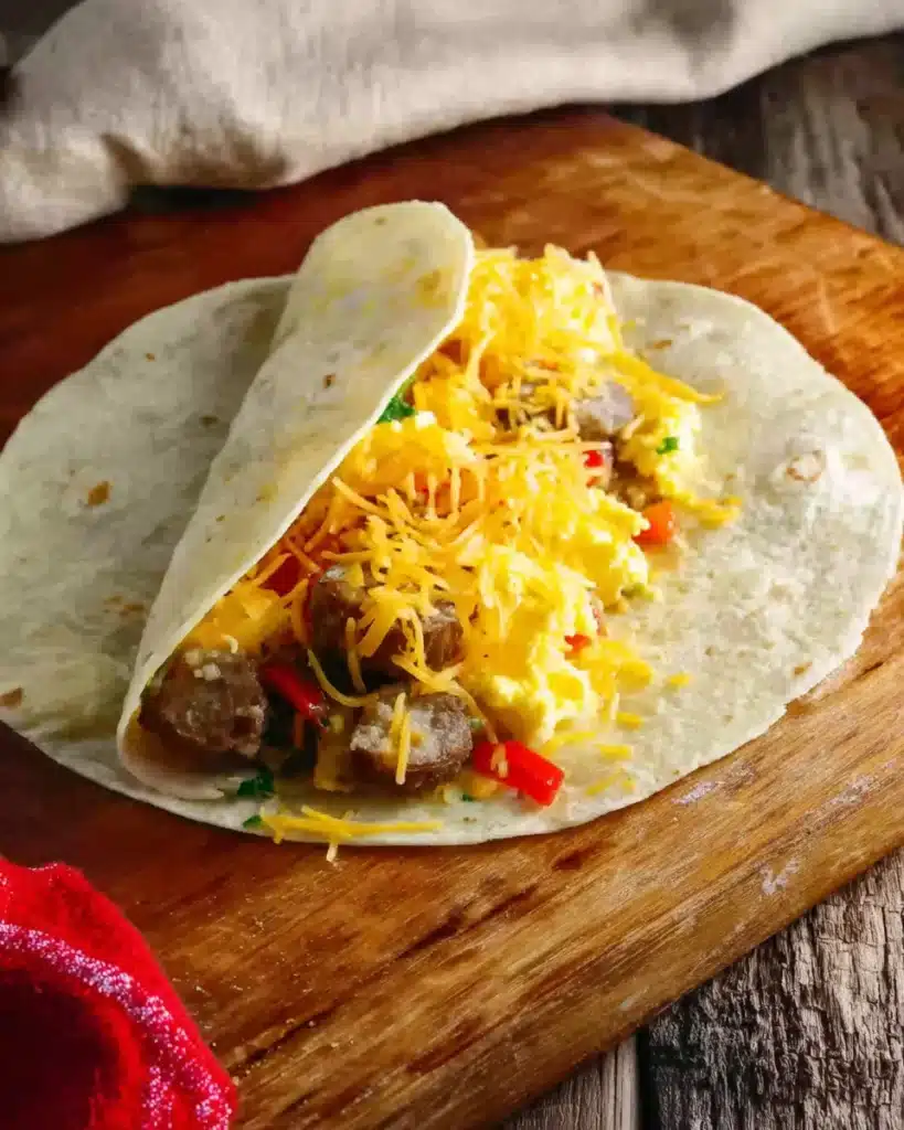 The Best Breakfast Burritos (Hearty, Cheesy & Freezer-Friendly!) 4 Flour tortilla filled with sausage, eggs, and cheese ready for rolling