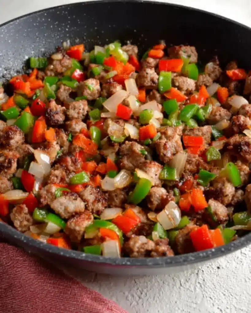 The Best Breakfast Burritos (Hearty, Cheesy & Freezer-Friendly!) 2 Cooked sausage with red and green peppers in a skillet for breakfast burritos