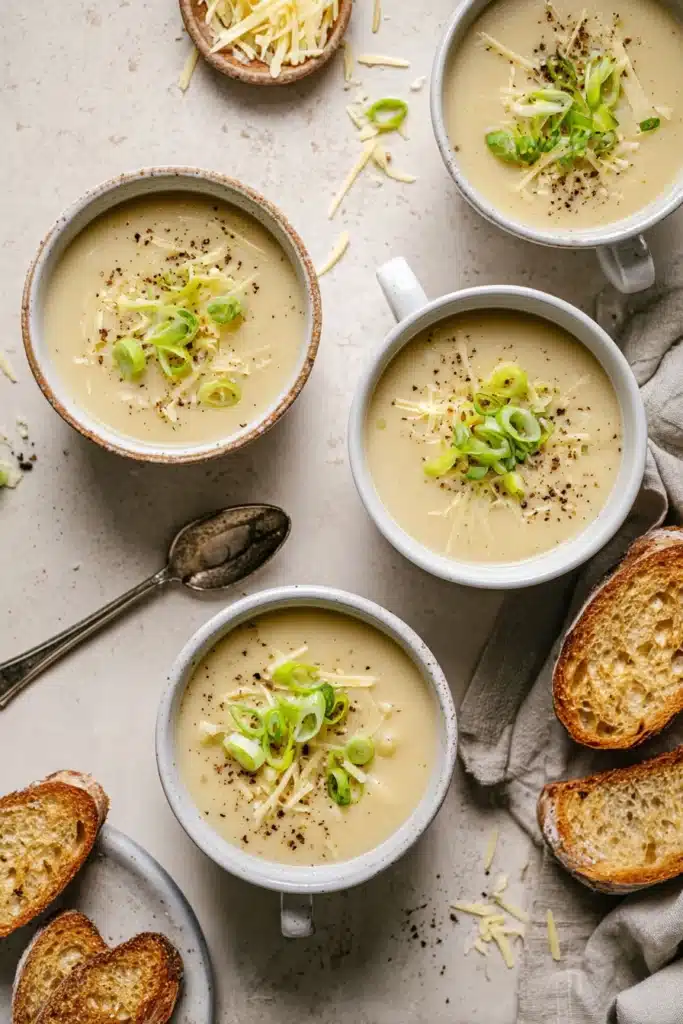 Four bowls of cheddar cauliflower soup topped with cheese, green onions, and black pepper