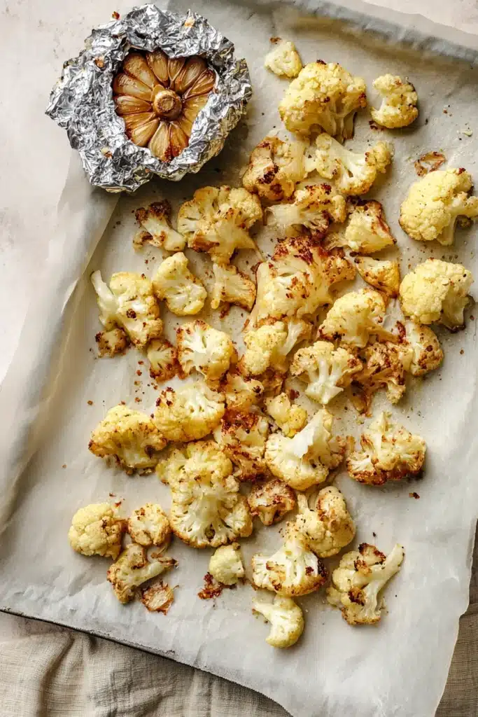 Roasted cauliflower and garlic on parchment sheet for cheddar cauliflower soup