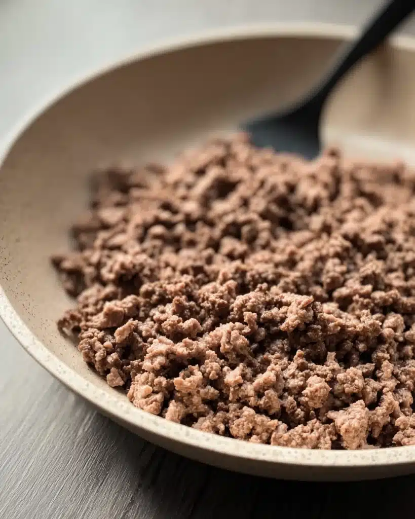 Cheesy Ground Beef & Potato Casserole 2 Browned ground beef in a skillet ready for cheesy ground beef and potato casserole