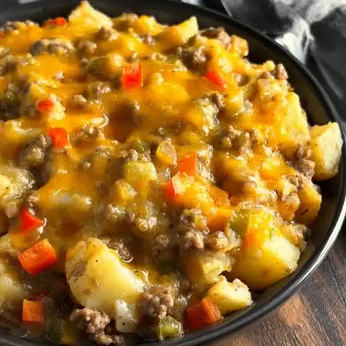 Cheesy Ground Beef & Potato Casserole 5 Cheesy Ground Beef & Potato Casserole topped with melted cheddar and diced peppers in a black bowl