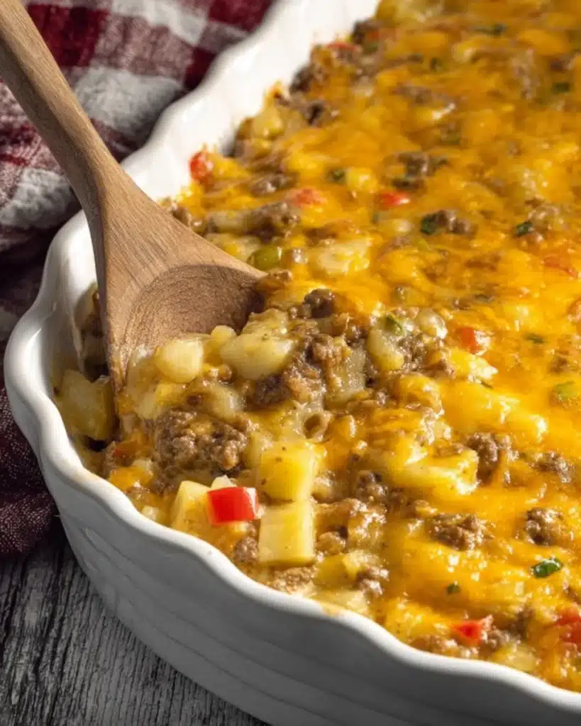 Cheesy Ground Beef & Potato Casserole 4 Golden cheesy ground beef and potato casserole baked in a white dish with melted cheddar topping