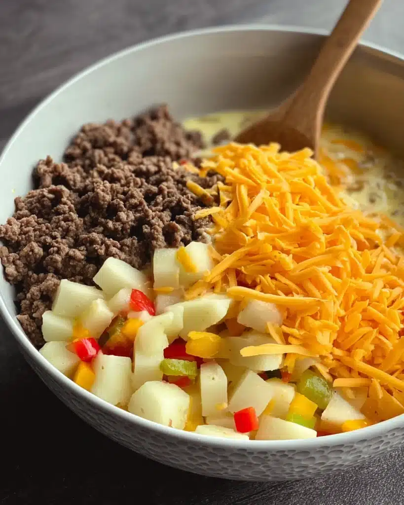 Cheesy Ground Beef & Potato Casserole 3 Ingredients for cheesy ground beef and potato casserole in a mixing bowl with cheddar and potatoes