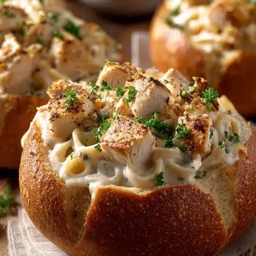 Chicken Alfredo Garlic Bread Bowls filled with creamy pasta and grilled chicken