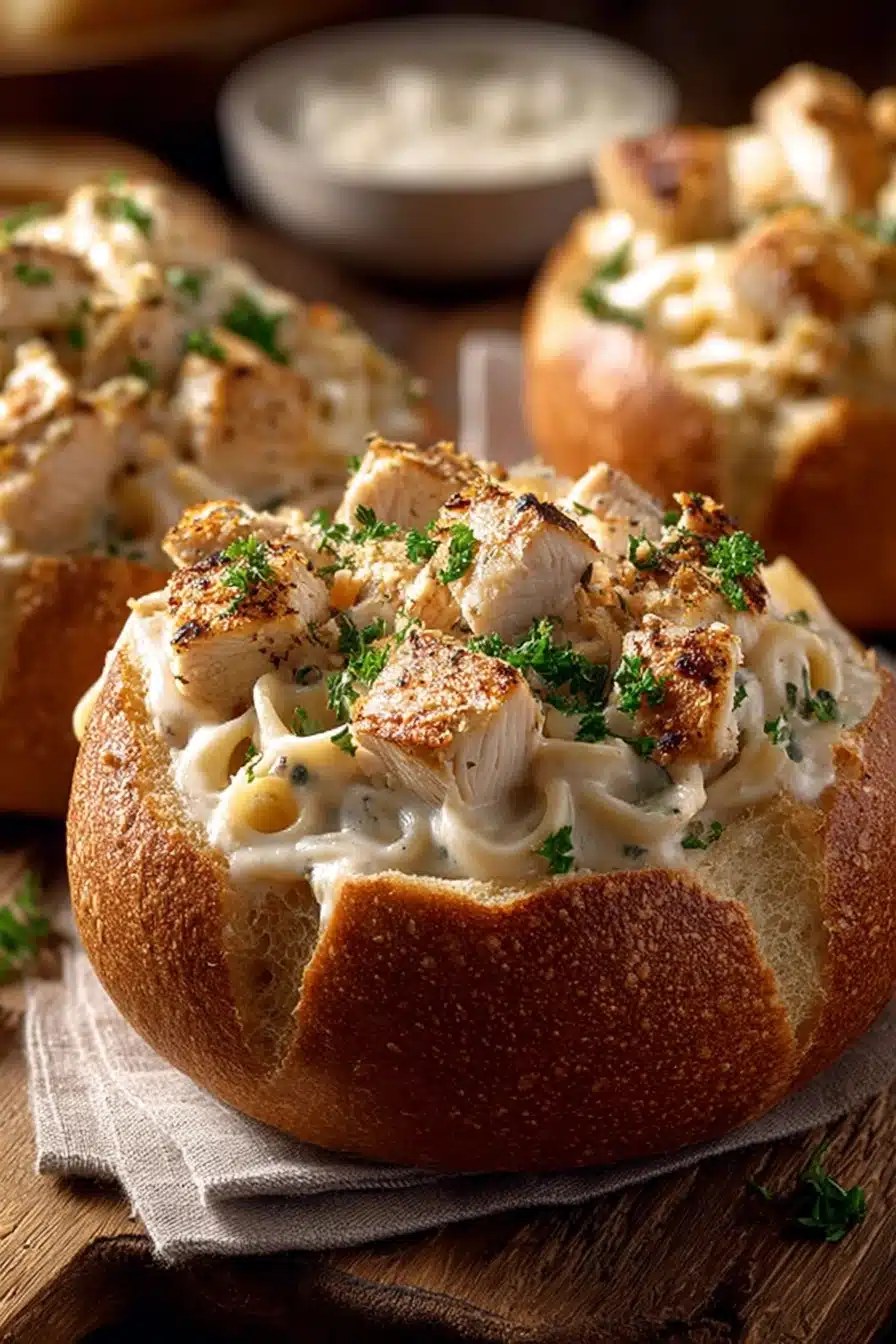 Chicken Alfredo Garlic Bread Bowls (Easy, Creamy, and Ready in 40 Minutes)
