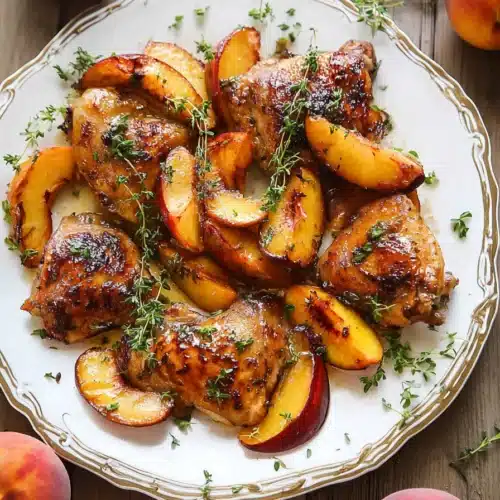 Juicy chicken with peaches on a white plate garnished with fresh thyme