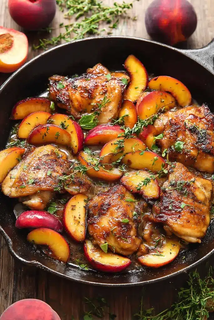 Chicken with peaches in a cast iron skillet with thyme