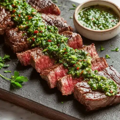Medium-rare chimichurri steak slices with fresh herb sauce on a wooden board