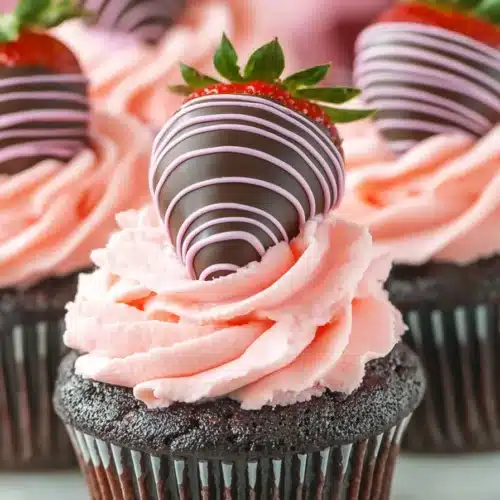 Chocolate cupcakes with pink frosting and chocolate-dipped strawberries on a cake stand