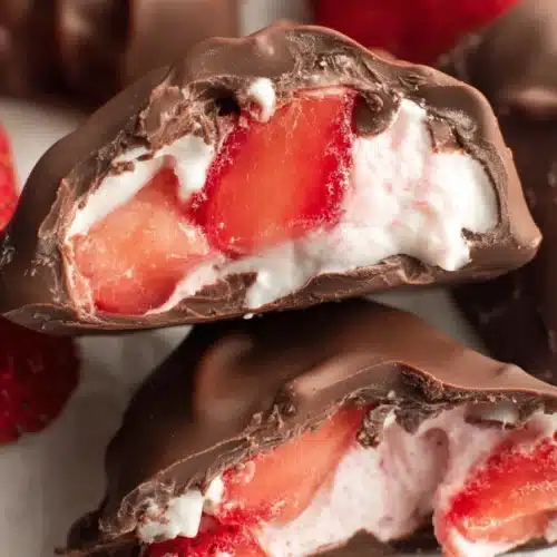 Chocolate strawberry yogurt clusters with creamy filling and glossy chocolate coating