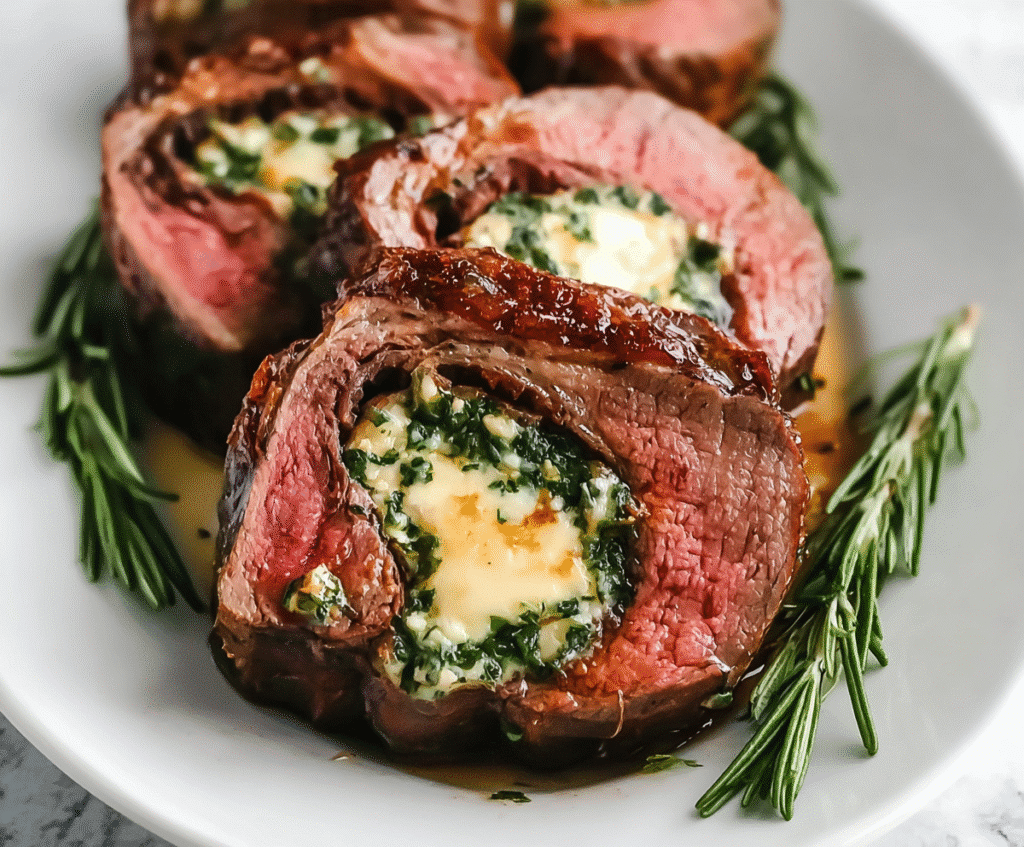 Christmas Stuffed Beef Tenderloin 2 Close-up of Christmas stuffed beef tenderloin slice with herb and cheese filling