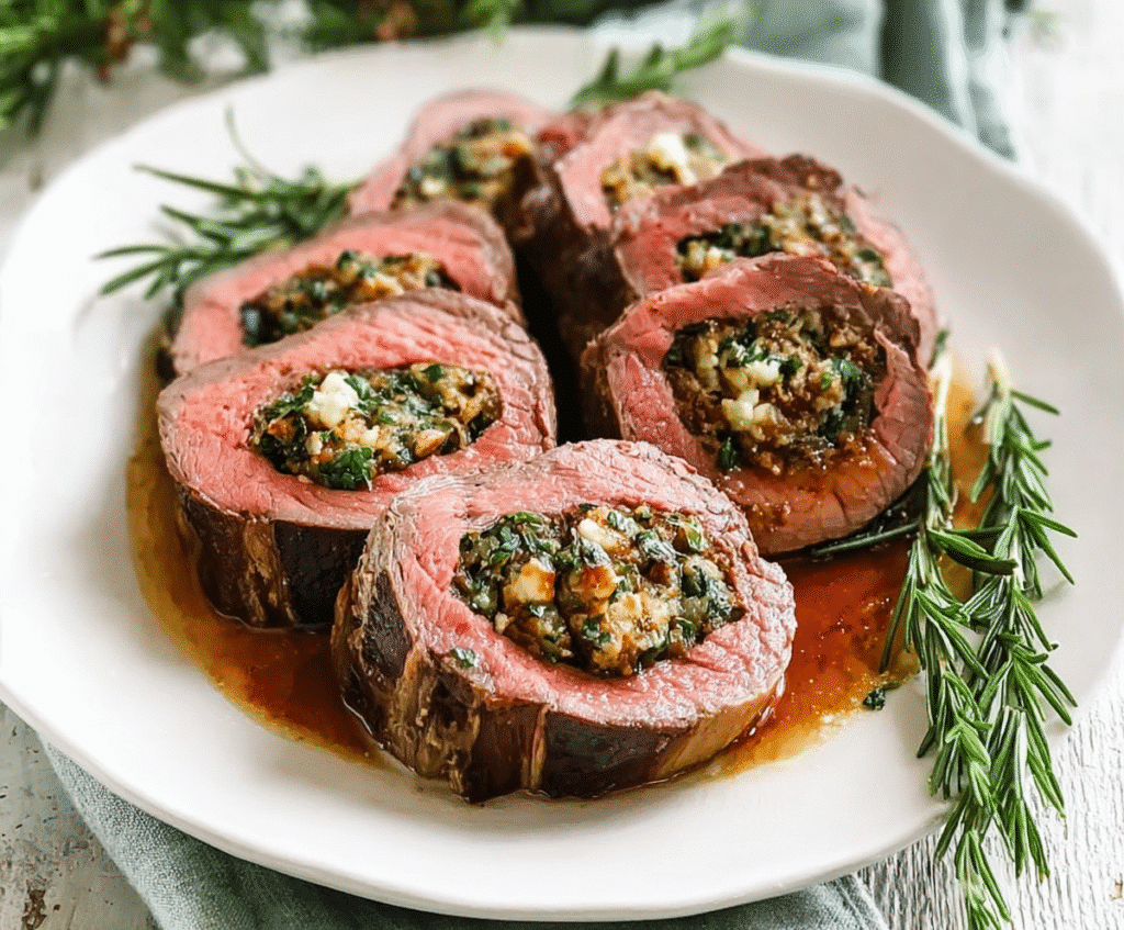 Christmas Stuffed Beef Tenderloin 1 Sliced Christmas stuffed beef tenderloin with herb filling and rosemary garnish on white plate