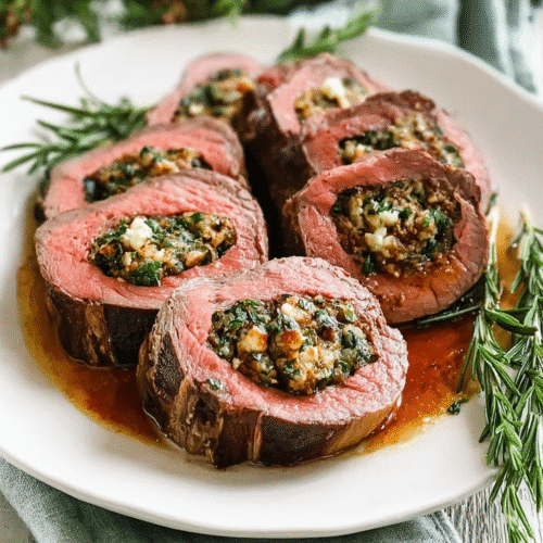 Christmas Stuffed Beef Tenderloin 3 Sliced Christmas stuffed beef tenderloin with herb filling and rosemary garnish on white plate