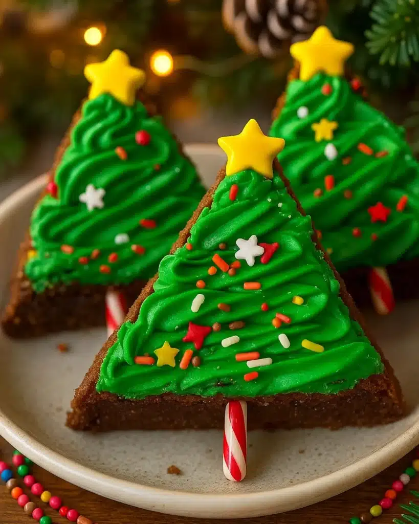 Decorated Christmas Tree Brownies with green frosting, sprinkles, and candy canes