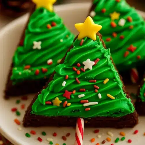 Christmas Tree Brownies with green frosting, sprinkles, and candy canes on a festive holiday plate