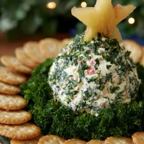 Christmas Tree Cheeseball 6 Christmas tree cheeseball with parsley and crackers on white plate