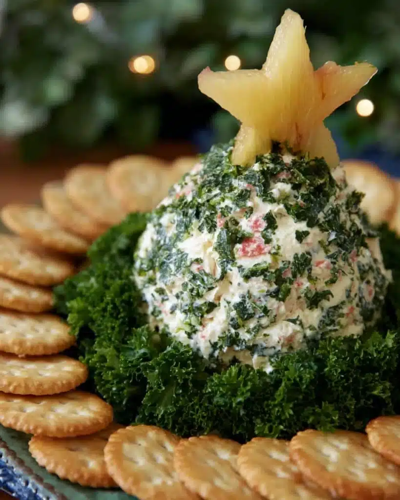 Christmas Tree Cheeseball 1 Christmas tree cheeseball with parsley and crackers on white plate