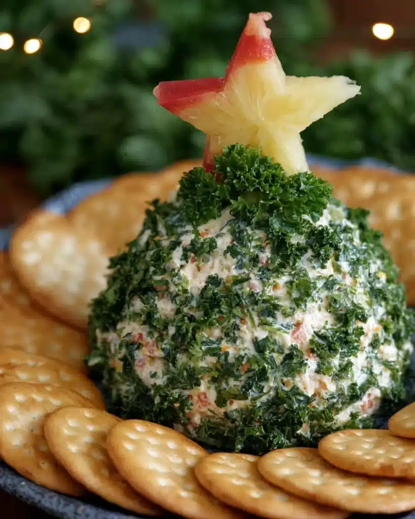 Christmas Tree Cheeseball 5 Festive Christmas tree cheeseball with parsley and crackers on white platter