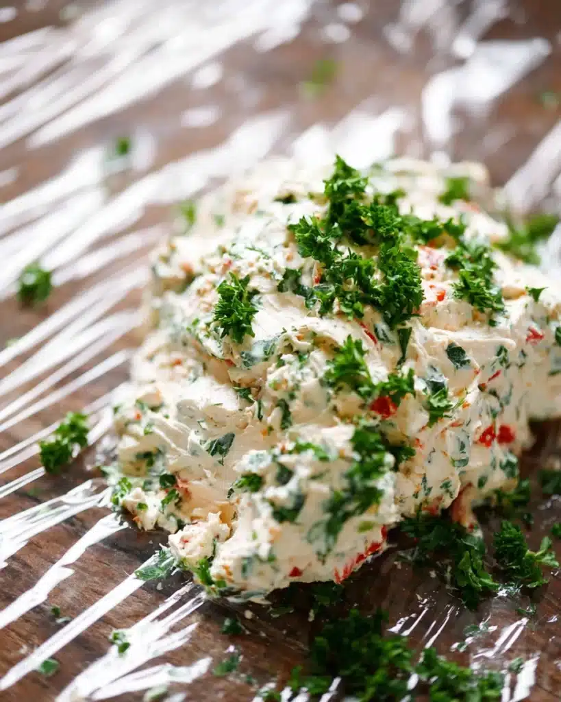 Christmas Tree Cheeseball 4 Christmas tree cheeseball mixture with parsley on plastic wrap