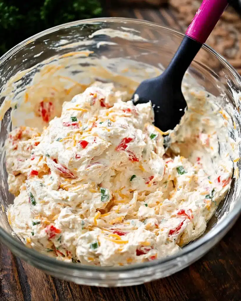 Christmas Tree Cheeseball 3 Cream cheese mixture for Christmas tree cheeseball with peppers and onions