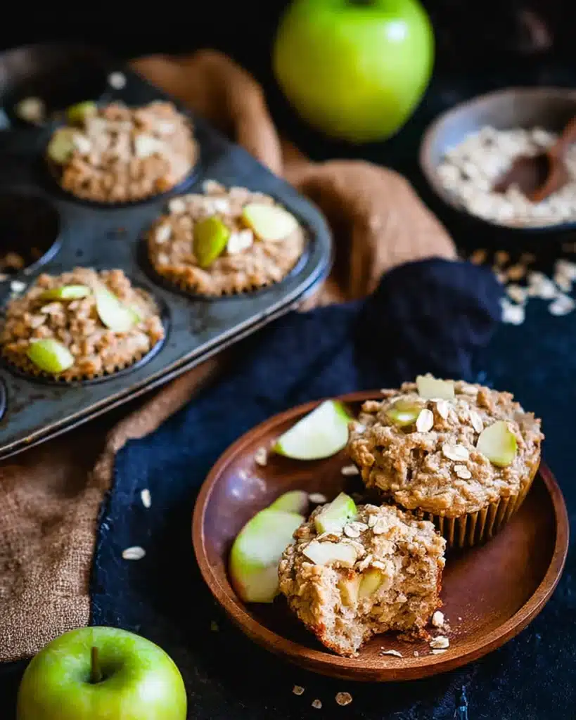 Cinnamon Apple Oatmeal Muffins 4 Fresh cinnamon apple oatmeal muffins in a muffin tin and on wooden plates
