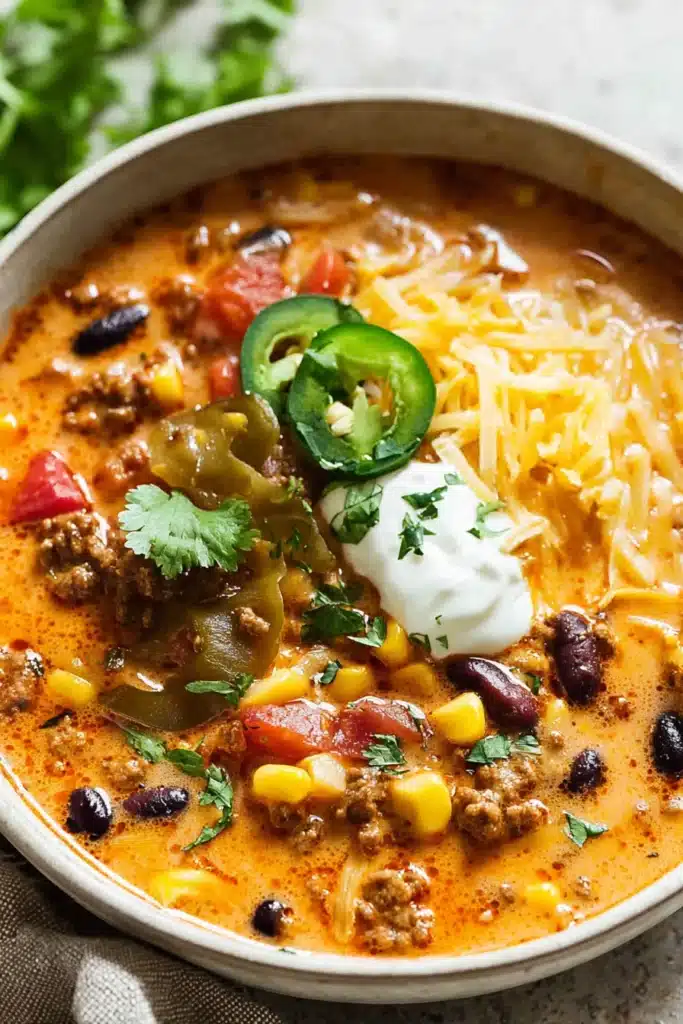 Creamy Taco Soup topped with ground beef, beans, corn, jalapeño, cheese, and sour cream