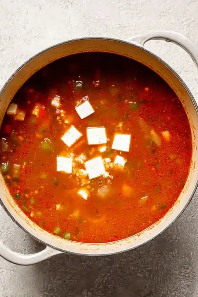 Creamy Taco Soup with cream cheese cubes added to the broth before stirring