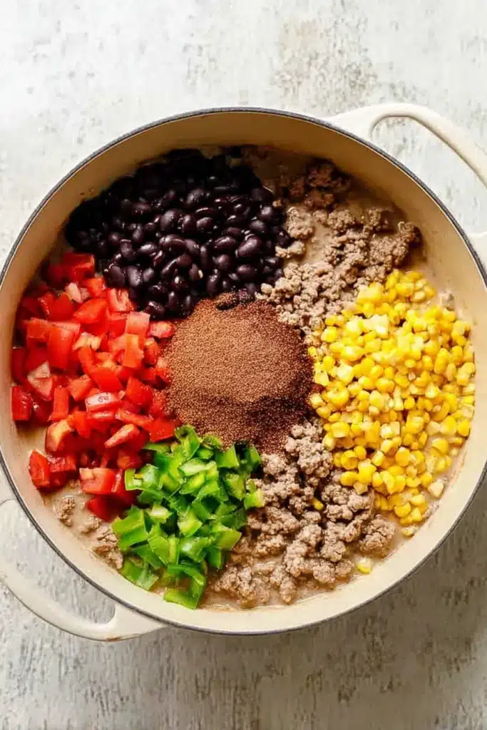 Creamy Taco Soup ingredients added to pot with beans, corn, tomatoes, and taco seasoning
