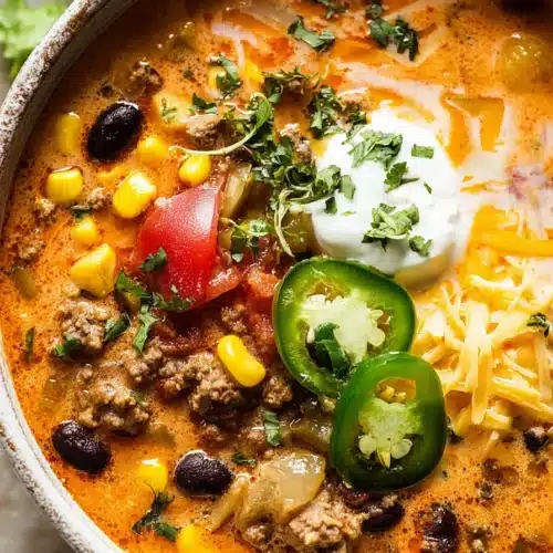 Creamy taco soup topped with ground beef, corn, black beans, jalapeño, cheese, and sour cream